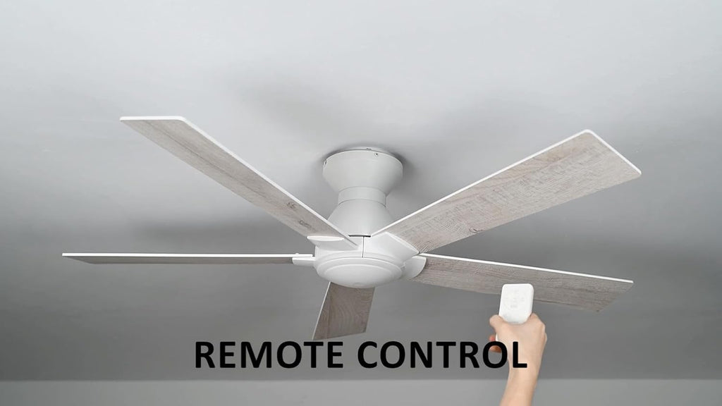Carro 52 Inch Flush Mount Ceiling Fan without Lights, White Ceiling Fan with Remote Low Profile, 10-Speed Reversible DC Motor, 5 Wood Finish Blades, Indoor for Bedroom