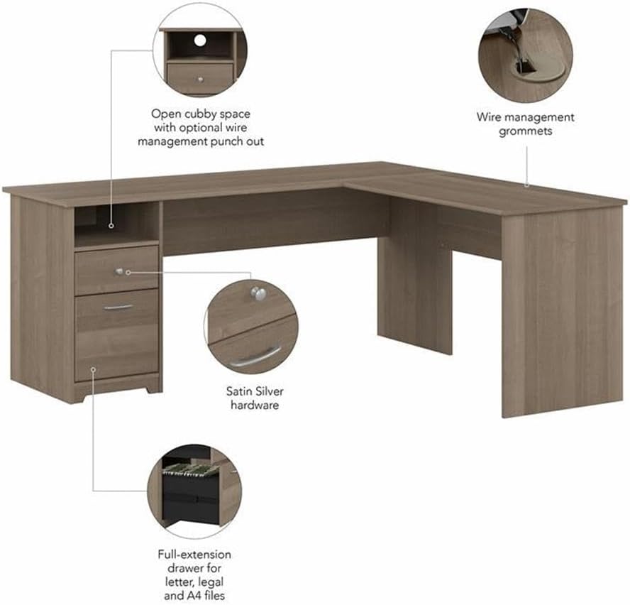 Bush Home L Shaped Desk with Drawers for Executive and Home Office | Cabot Collection Corner Table with Storage and Chrome Hardware | 72Wx23DX42W Return