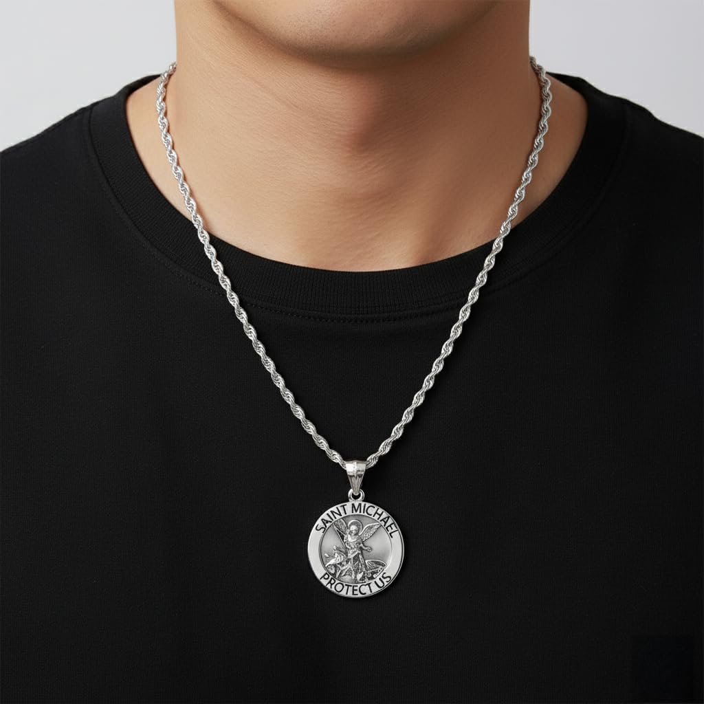 US Jewels Men's 925 Sterling silver 33mm Saint Michael Medal Antique Finish Round Pendant Necklace, 22in to 26in