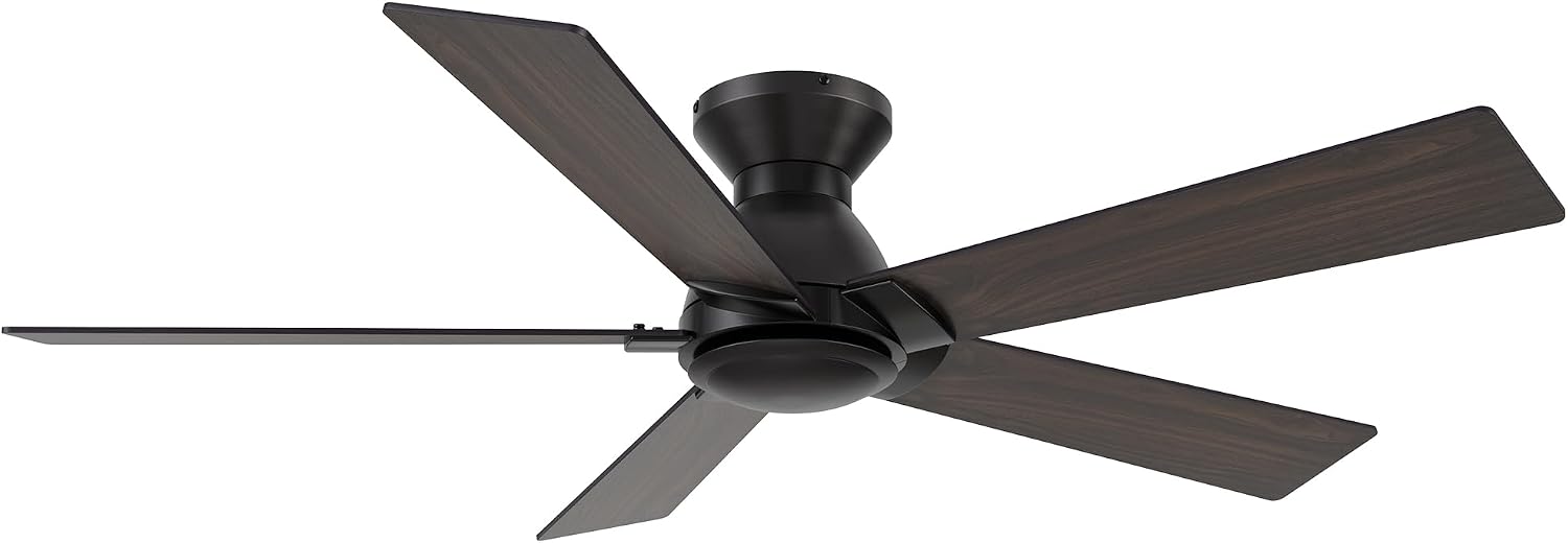 Carro 52 Inch Flush Mount Ceiling Fan without Lights, Black Ceiling Fan with Remote Low Profile, 10-Speed Reversible DC Motor, 5 Dark Walnut Finish Blades, Indoor for Bedroom