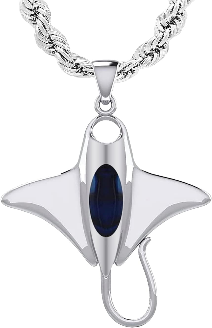 US Jewels Men's 925 Sterling Silver 30.5mm 3D Manta or Sting Ray Aquatic Pendant Necklace, 18in to 24in