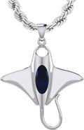 US Jewels Men's 925 Sterling Silver 30.5mm 3D Manta or Sting Ray Aquatic Pendant Necklace, 18in to 24in