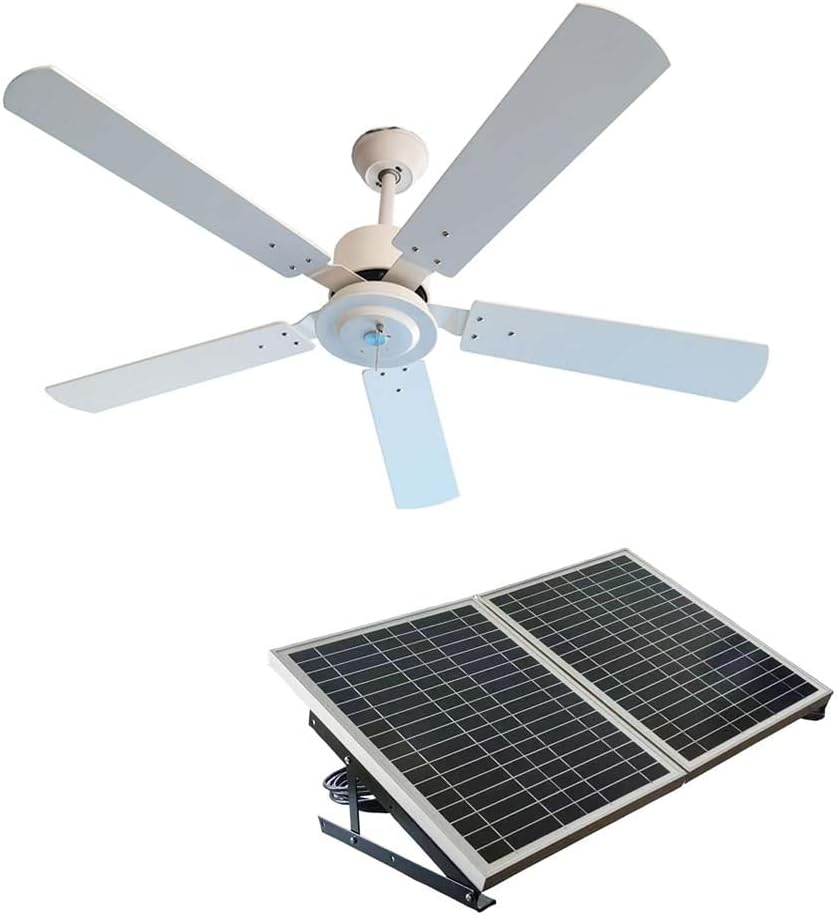 Outdoor 52' solar ceiling fan with white wooden blades total 40W solar panel for porches, patios, gazebos, breezeways (extra cable version ceiling fan, 5&10 inch downrod)