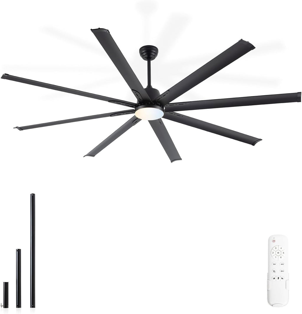 Minislak 84 lnch lndustrial Celing Fan with Light and Remote Control,Large Celing Fan with 8 Black Aluminum Blades,6 Speed Noiseless DC Motor,Wet Rated Indoor Outdoor Ceiling Fans for Patio,exterior.