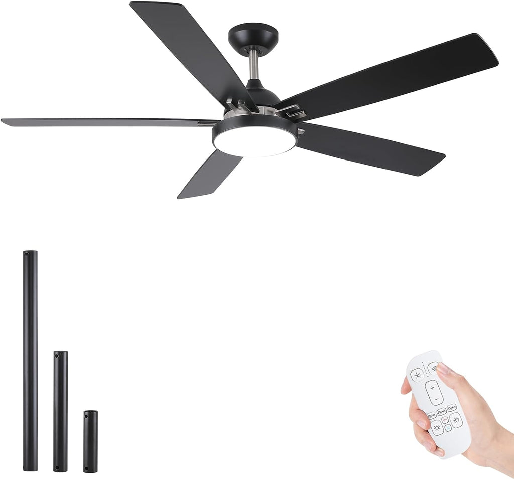 60 inch Outdoor Ceiling Fans for Patios with Light, Modern Black Ceiling Fan with Light and Remote, Quiet Reversible DC Motor, Damp Rated Large Airflow Ceiling Fan for Exterior House Porch Gazebo