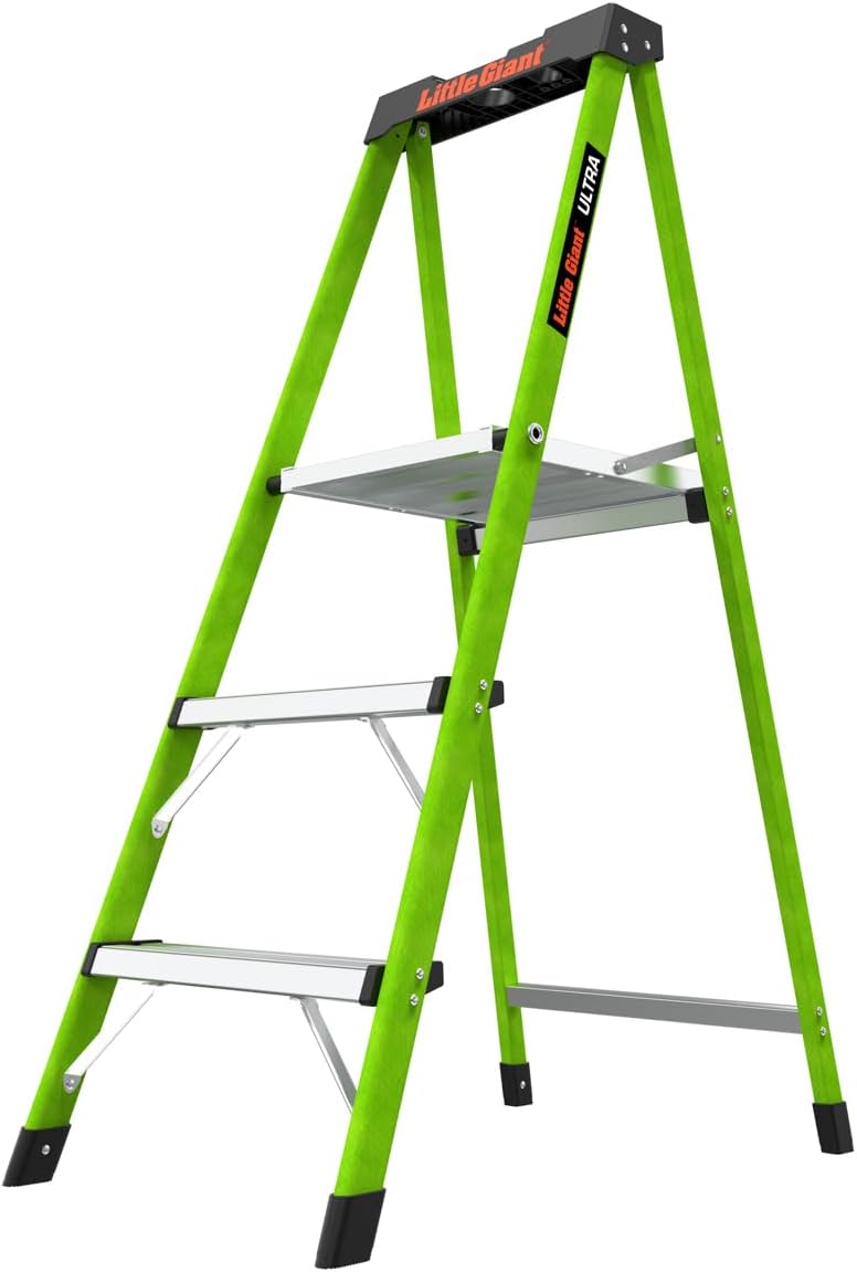 Little Giant Ultra Step Ladder with XL Platform, 3-Step Lightweight Foldable Non-Conductive Fiberglass, 300 Lbs. Capacity Type IA Extra Heavy Duty Ladder 8-Ft Max Reach