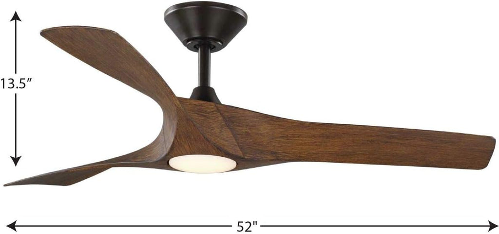 Progress Lighting Ryne Collection 52-Inch 3-Blade Woodgrain LED DC Motor Transitional Indoor/Outdoor Ceiling Fan, Brown