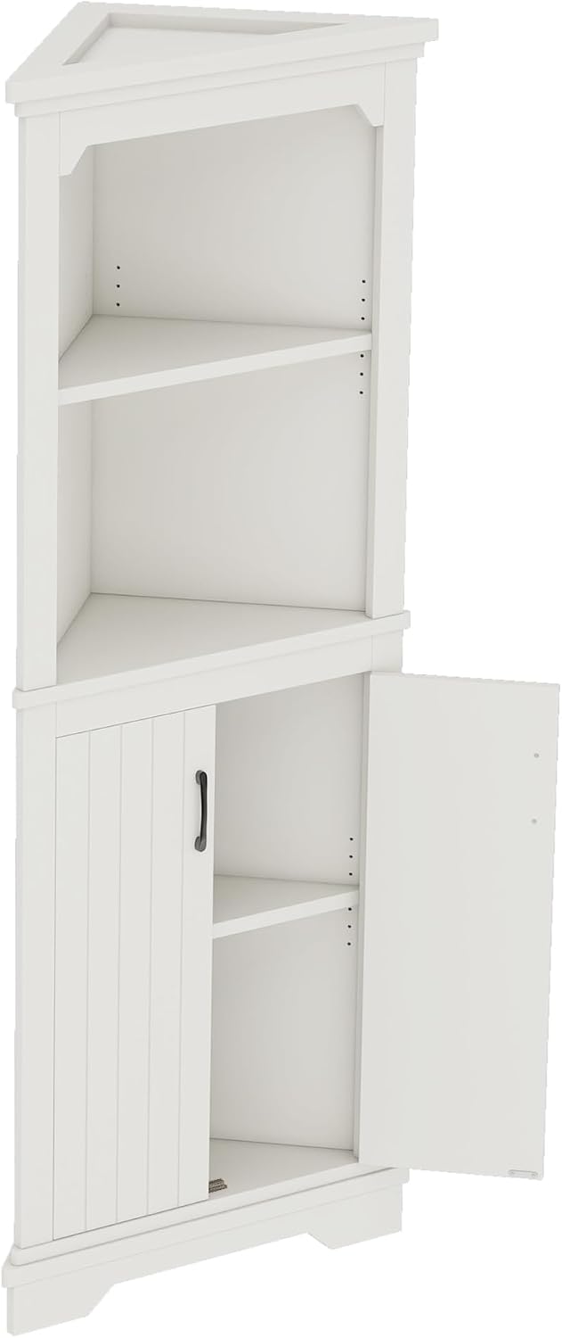 KEIKI 69' Tall Corner Cabinet, Farmhouse Corner Storage Cabinet with Doors & Shelves, Home Storage for Living Room, Bathroom, Dining Room or Kitchen, White