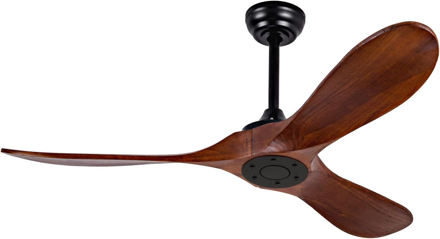 52-inch Ceiling Fan Without Light, with Remote Control, Reversible DC Motor, with 3 Solid Wood Blades, for Patio, Living Room, Bedroom, Farmhouse (Black + Walnut)
