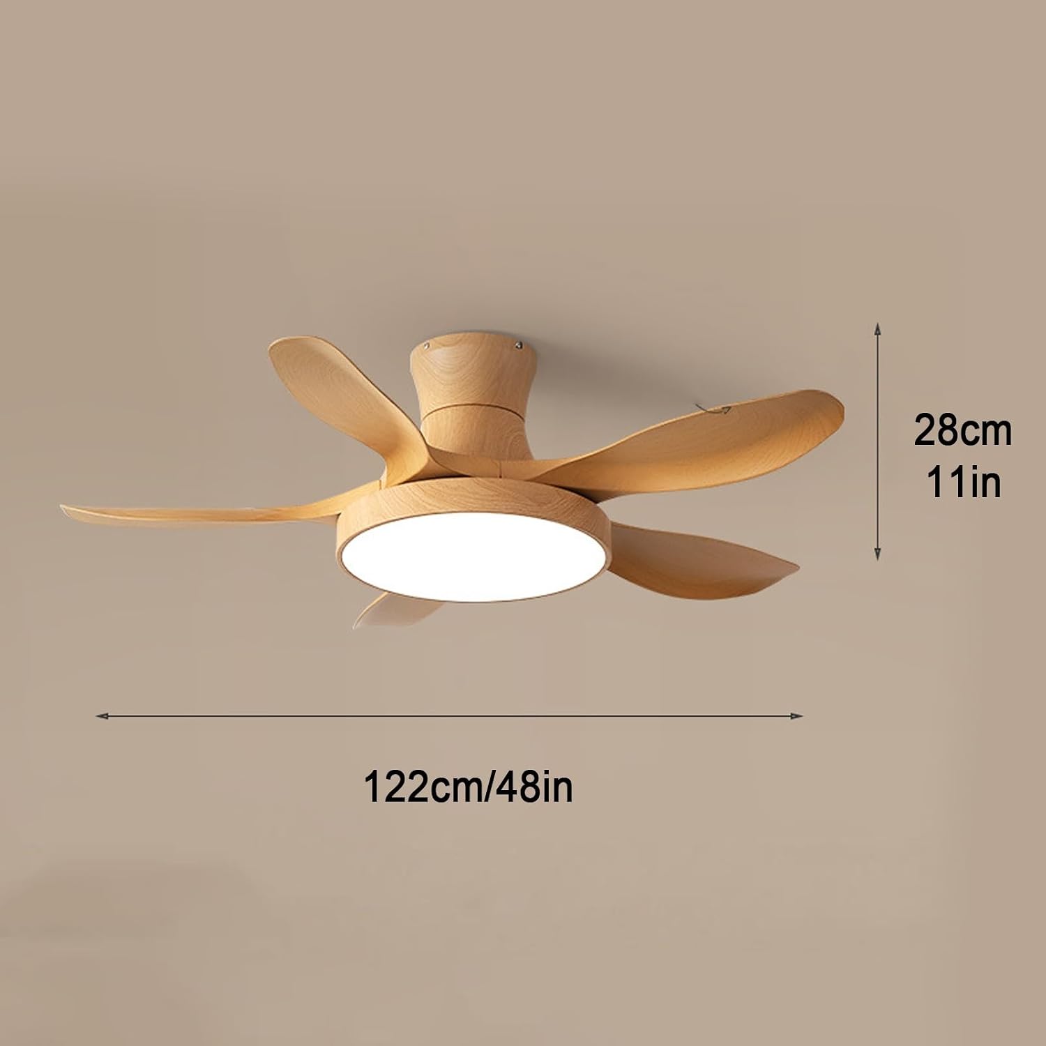 Imitation wood Ceiling Fan with Light and Remote Control, Indoor Outdoor Wooden 5 Blades Ceiling Fan, 6 Speeds Smart Timing Reversible DC Motor, for Patio Living Room, Bedroom, Office(28cm/11in)
