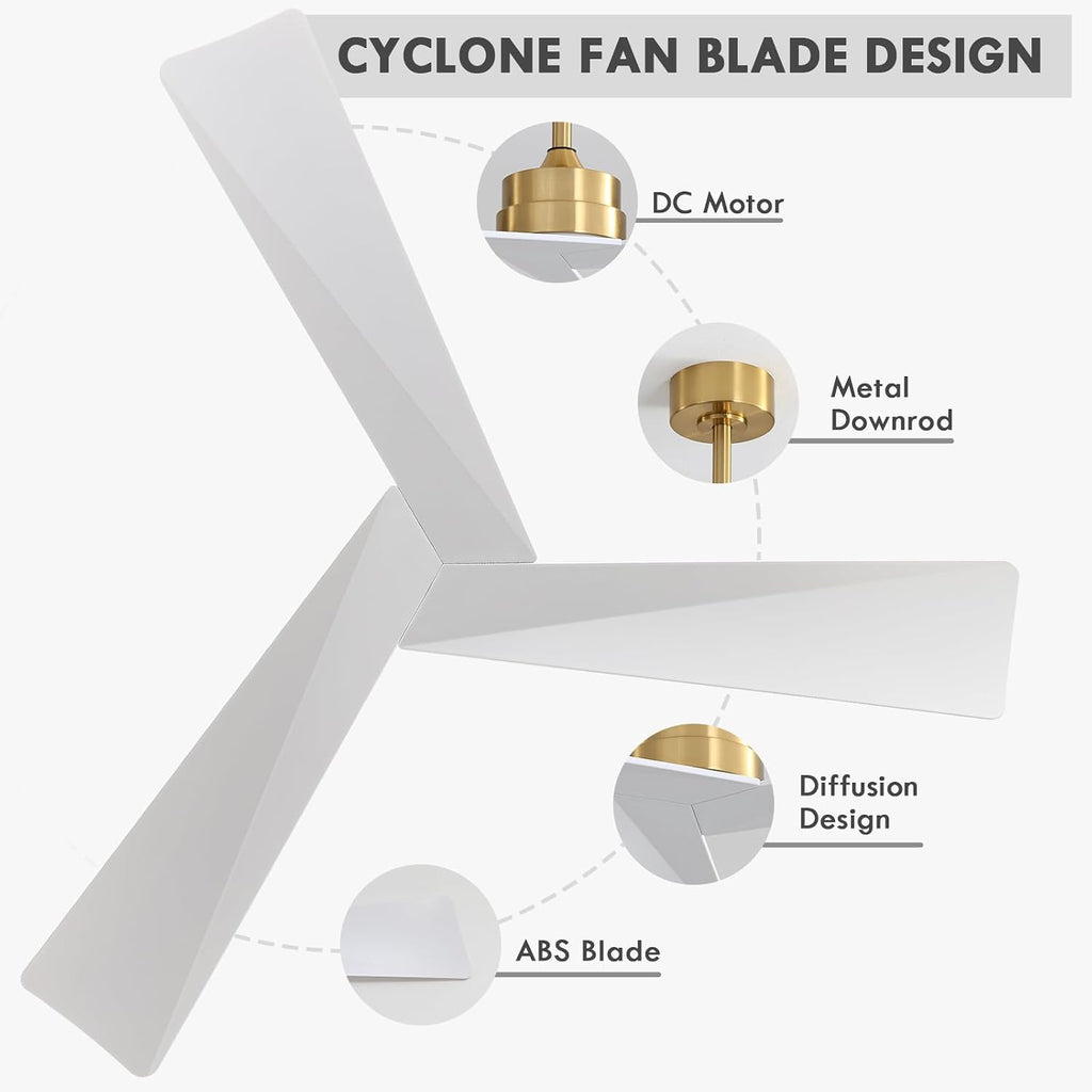 WINGBO 52' DC Ceiling Fan without Lights, Brass and White Ceiling Fan with Remote, 3 ABS Plastic Blades, 6 Speed Reversible DC Motor, Ceiling Fans No Light for Kitchen Bedroom Living Room