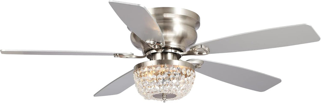 48 Inch Low Profile Ceiling Fan with Light: Farmhouse Caged Fandelier, Crystal Flush Mount Ceiling Fan with Remote, Indoor/Outdoor Use for Patios Living Room Bedroom, Silver
