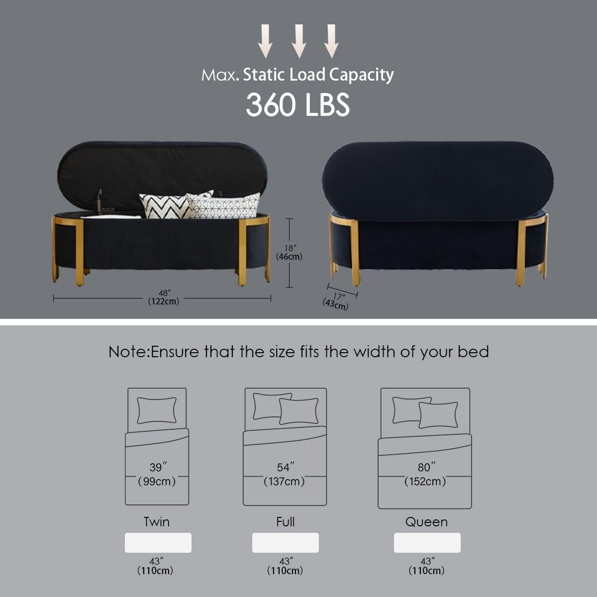 Hyfirm 48' Black and Gold Velvet Storage Ottoman Bench – Oval Upholstered Stool with Padded Seat, Long Settee for Bedroom, Living Room, End of Bed, Entryway, Hallway