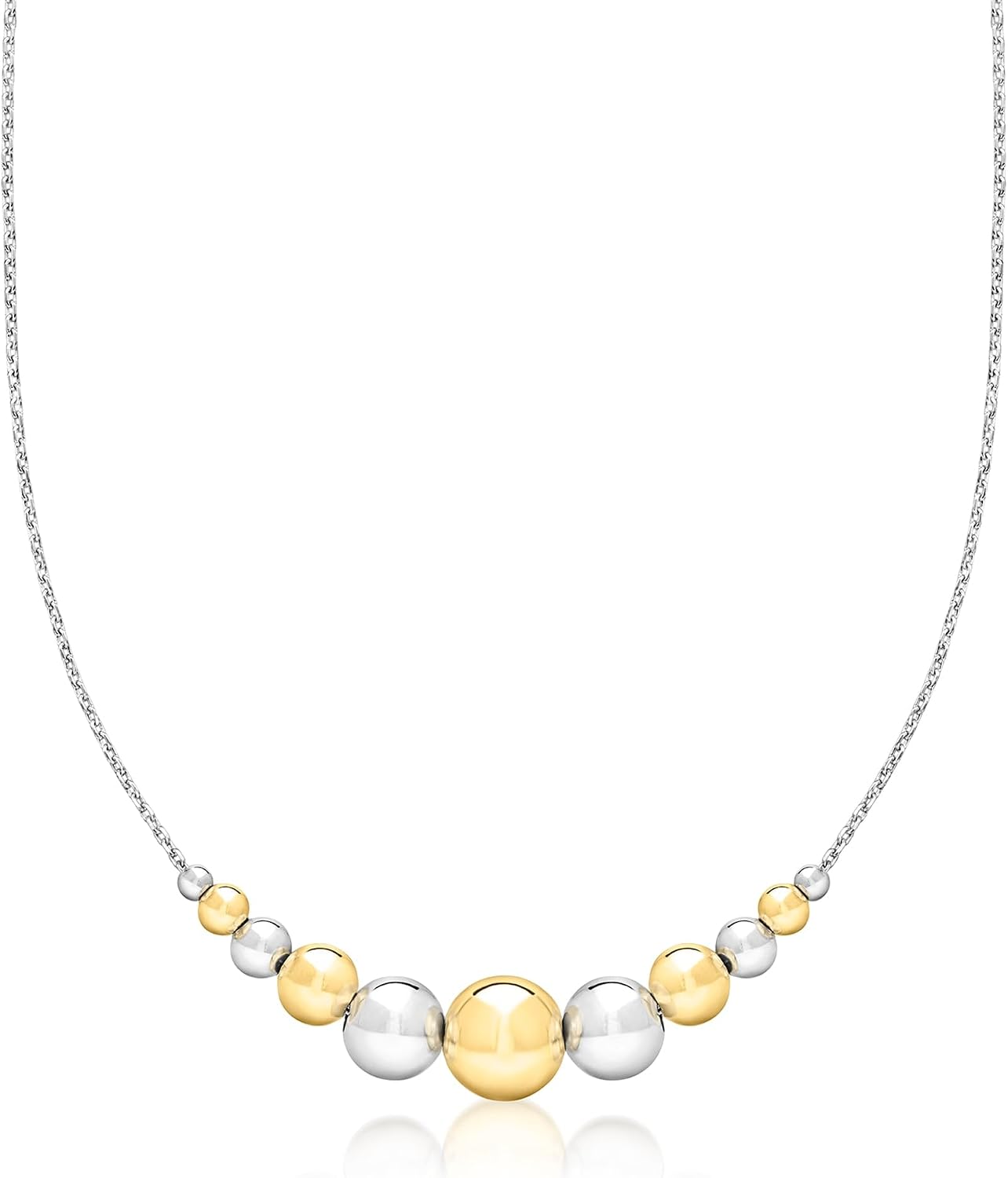 Ross-Simons Italian Sterling Silver and 18kt Gold Over Sterling Graduated Bead Cable-Chain Necklace. 18 inches