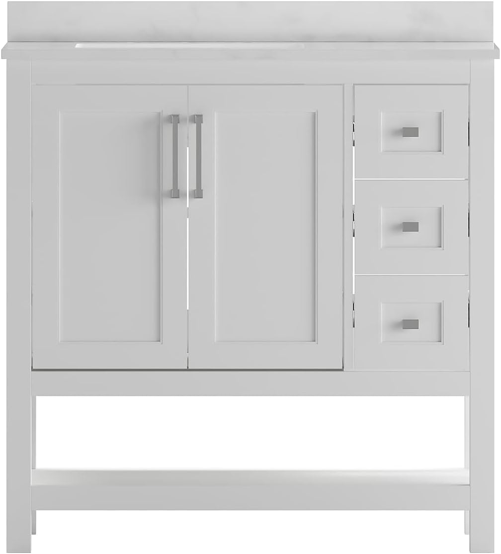 Flash Furniture Vega 36 Inch Bathroom Vanity with Sink, Storage Cabinet with Soft Close Doors, Open Shelf and 3 Drawers, Carrara Marble Finish Countertop, White/White