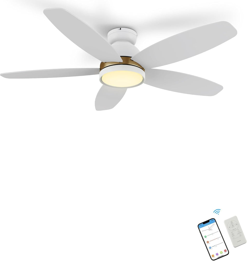 SMAAIR 48' Smart Ceiling Fan with Light, Low Profile Modern Ceiling Fan with Remote/APP/Voice Control via Alexa/Google Assistant/Siri,10 Speed, Flush Mount, Reversible DC Motor,5 Plywood Blades, White