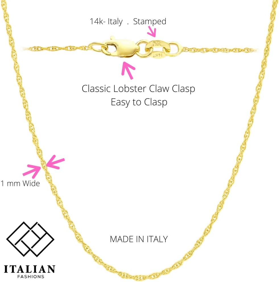 Italian Fashions 14K, 10K Yellow or White or Rose Solid Gold Italian Diamond Cut 0.8 mm-1.2 mm Rope and Mirror Cable Chain Necklace Thin & Strong gold chain Thin And Lightweight MADE IN ITALY