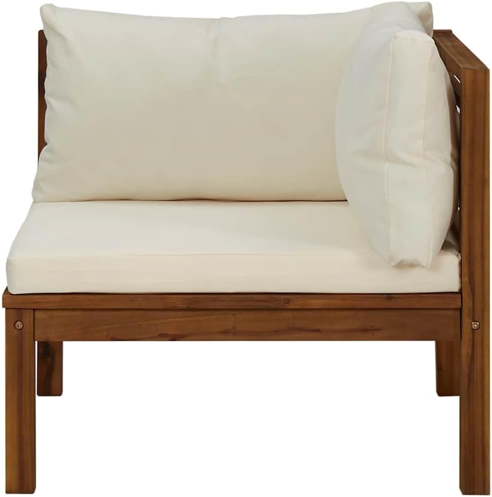 2 pcs Corner Sofas with Cream White Cushions, Solid Acacia Wood Outdoor & Indoor Garden Corner Chair with Sofa Cushion, Outdoor Conversation Set Sectional Sofa,-592