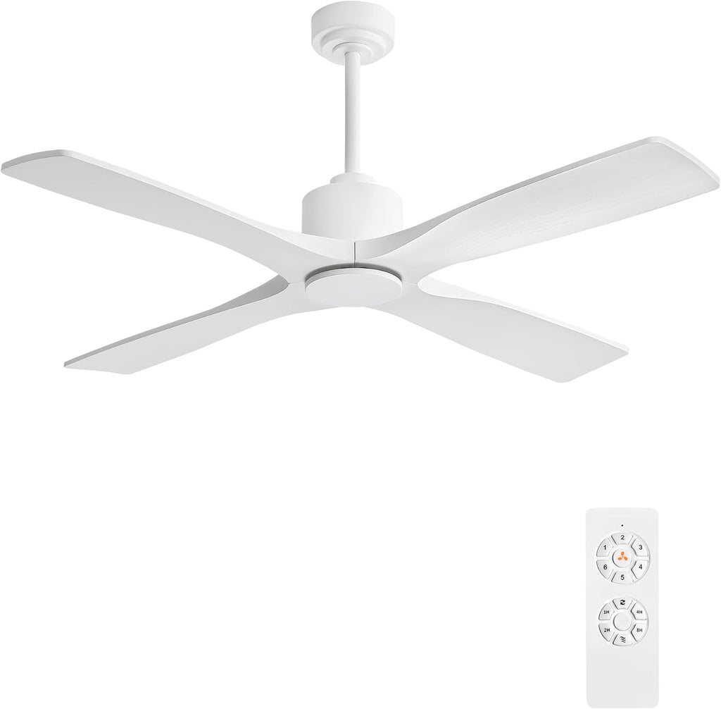 WINGBO 48' DC Ceiling Fan without Lights, 4 Carved Solid Wood Blades, 6-Speed Noiseless Reversible DC Motor, Modern Ceiling Fan No Light with Remote, Gloss White Finish with White Blades, ETL Listed