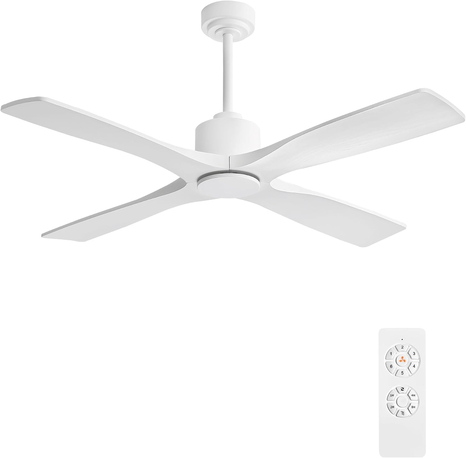 WINGBO 48' DC Ceiling Fan without Lights, 4 Carved Solid Wood Blades, 6-Speed Noiseless Reversible DC Motor, Modern Ceiling Fan No Light with Remote, Gloss White Finish with White Blades, ETL Listed
