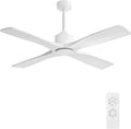 WINGBO 54' DC Ceiling Fan without Lights, 4 Carved Solid Wood Blades, 6-Speed Noiseless Reversible DC Motor, Modern Ceiling Fan No Light with Remote, Gloss White Finish with White Blades, ETL Listed
