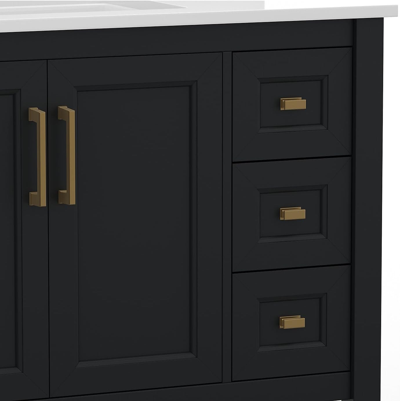 Flash Furniture Vega 36 Inch Bathroom Vanity with Sink, Storage Cabinet with Soft Close Doors, Open Shelf and 3 Drawers, Carrara Marble Finish Countertop, Black/Gold