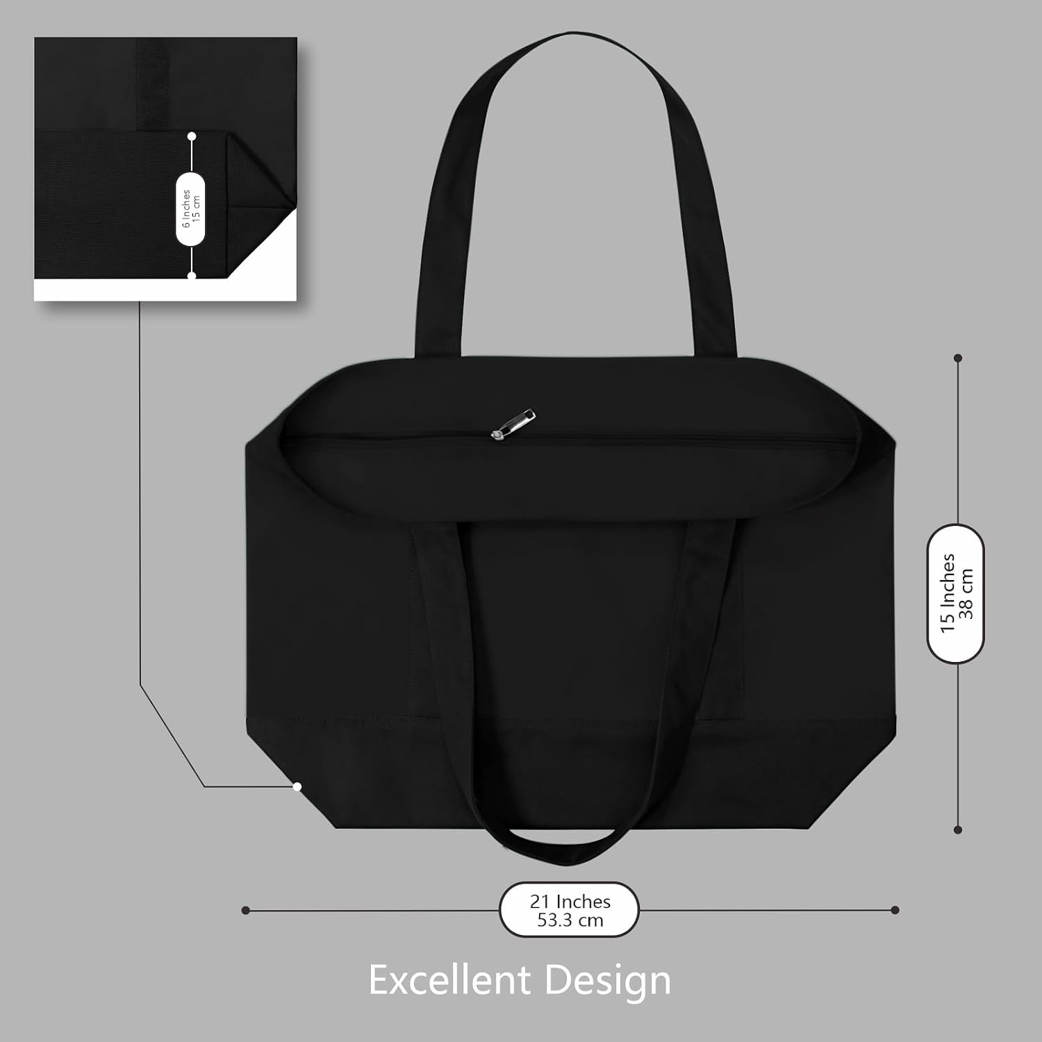 TOPDesign 30-Pack Canvas Tote Bags with an External Pocket, Reusable Grocery Shopping Bags, Top Zipper Closure, Daily Essentials (Black)