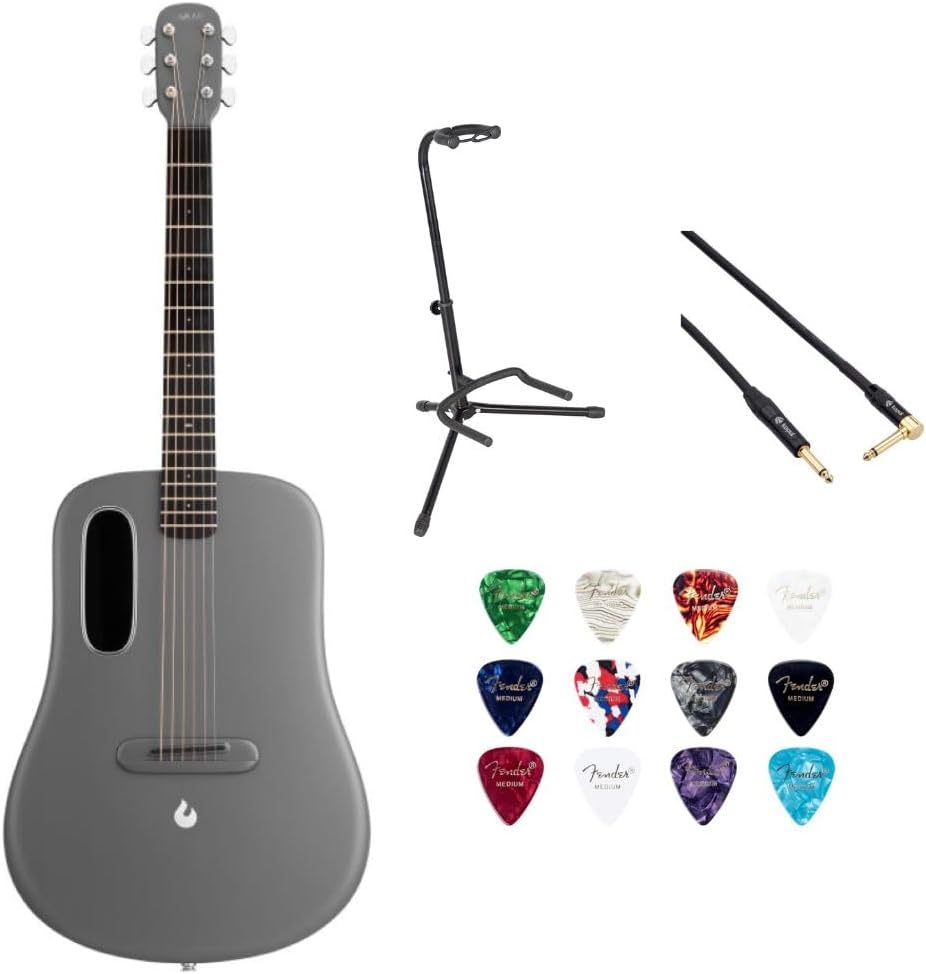 LAVA ME 4 Carbon 38' with Airflow Bag Space Grey w/Rok-It Tripod Guitar Stand, Kopul PREM Performance Series Right Angle Cable and Celluloid Guitar Picks Shape Medium 12-Pack Bundle