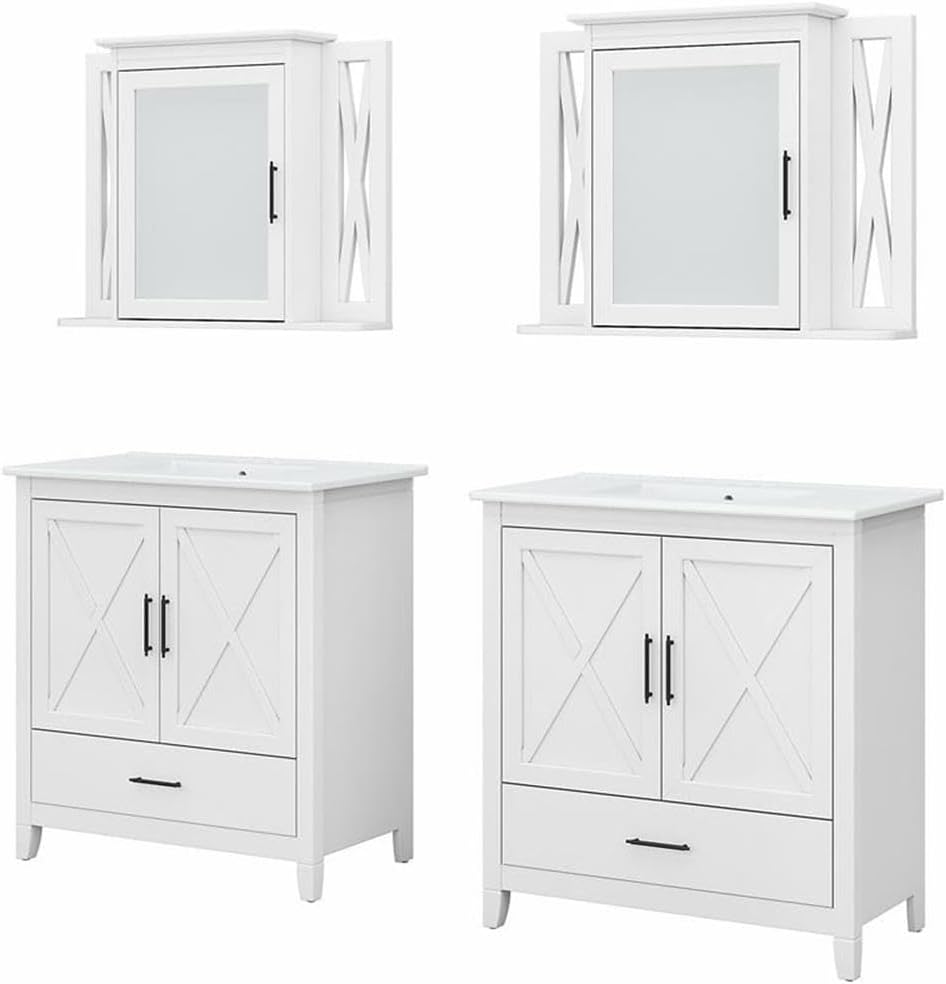 Bush Home Key West 64W Double Vanity Set with Sinks and Medicine Cabinets in White Ash