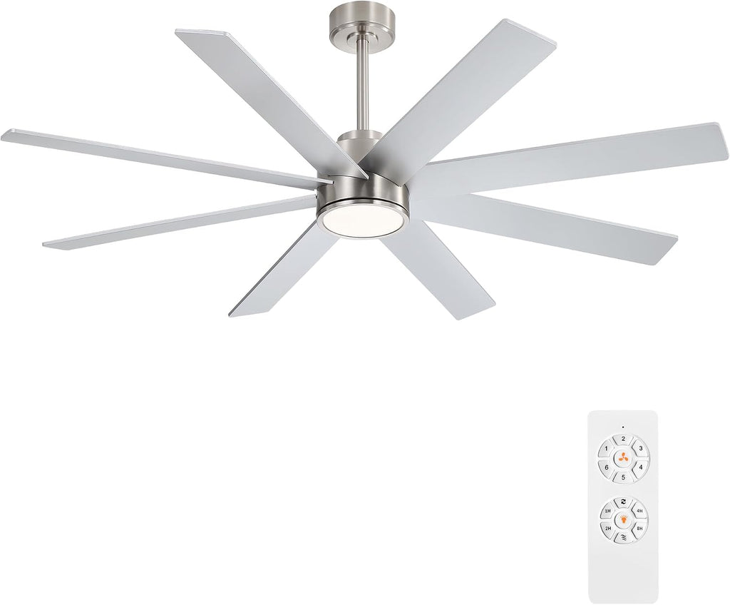 WINGBO 60' Large DC Ceiling Fans with Lights and Remote, 3 Downrods, 8 Plywood Blades, 6-Speeds Reversible DC Motor, 3CCT, Indoor Ceiling Fan for Bedroom Living Room Patio, Brushed Nickel and Silver