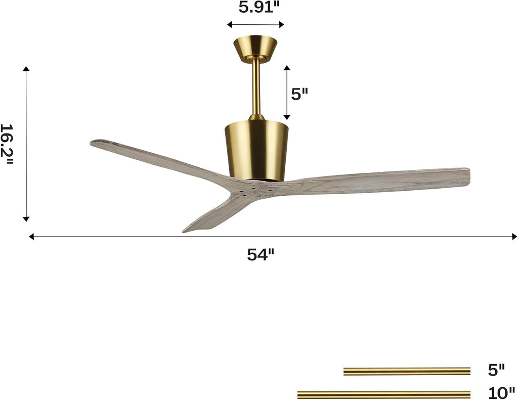 54' Modern Organic Ceiling Fan with Remote, Gold Ceiling Fan with Solid Wood Blades for Bedroom, Living Room, Japandi, Coastal & Contemporary Interiors