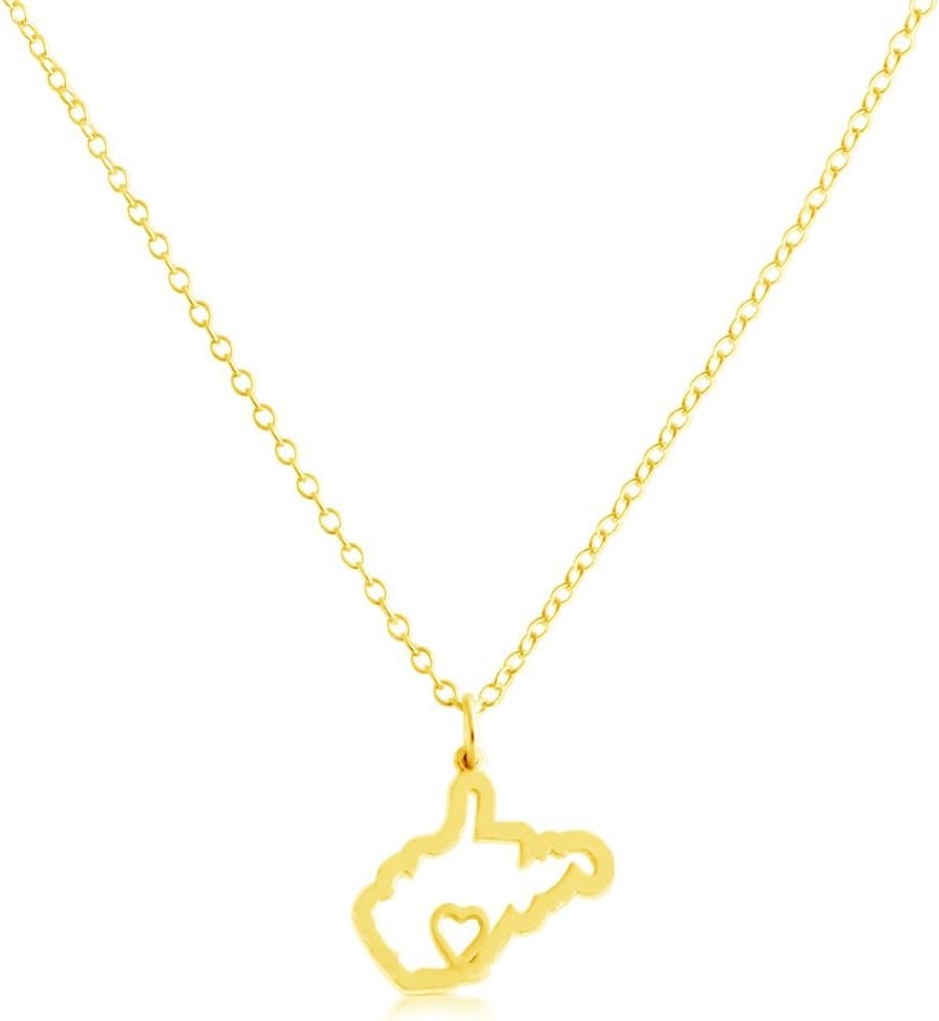 AZAGGI Gold Plated Sterling Silver Necklace American USA State Pendant Necklace WV West Virginia Home is Where The Heart Is.
