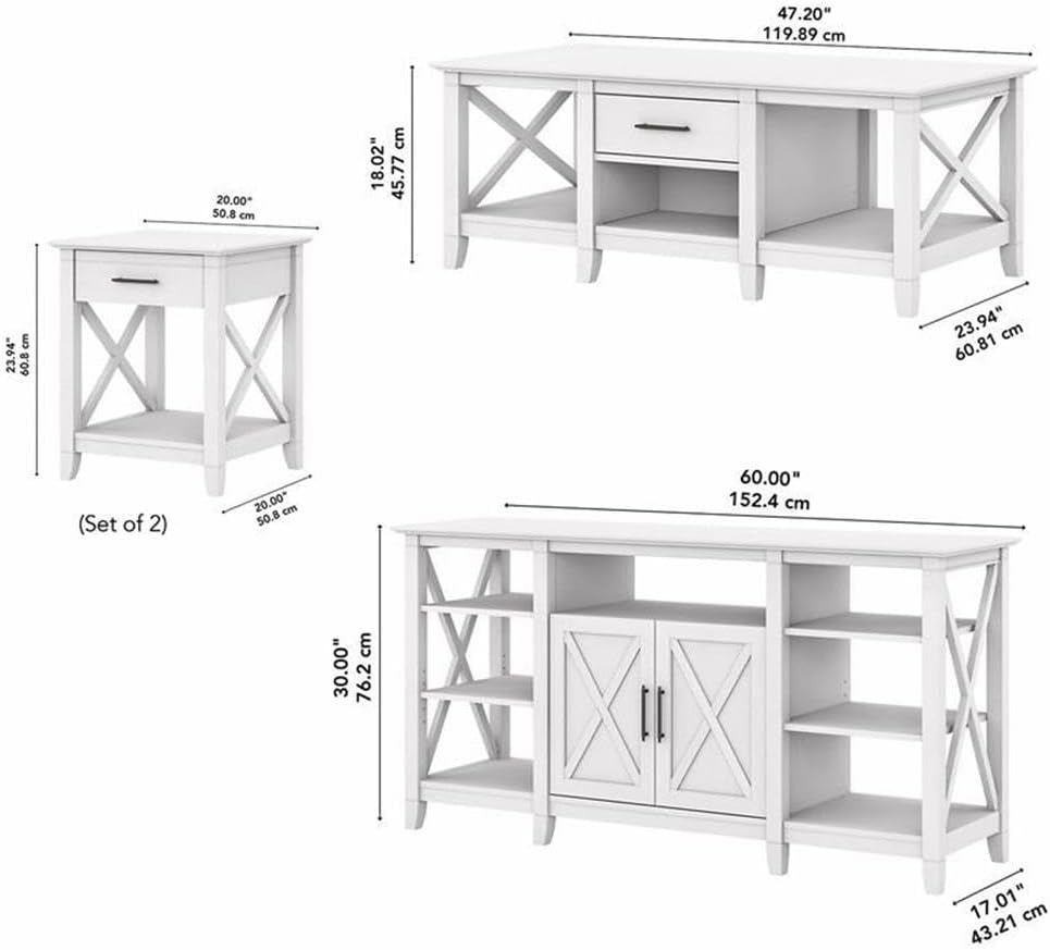 Bush Home Key West Tall TV Stand with Coffee Table and Set of 2 End Tables in Pure White Oak