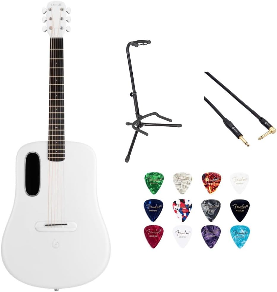 LAVA ME 4 Carbon 38' with Airflow Bag White Bundle with Rok-It Tripod Guitar Stand, Kopul PREM Performance Series Right Angle Cable and Celluloid Guitar Picks Shape Medium 12-Pack