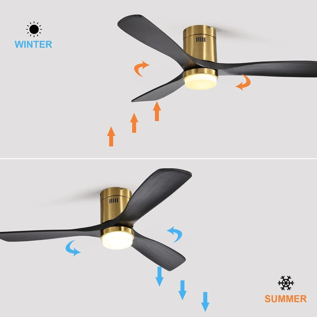 Sofucor 52 Inch Low Profile Ceiling Fan with Light, Solid Wood 3 Blades with Remote Outdoor Ceiling Fan with Light, Dimmable Light, 6-Speed, Timer, Reversible DC Motor for Living Room Bedroom