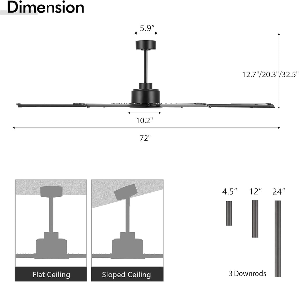 LEDLUX 72' Ceiling Fan No Light, Reversible DC Motor, 6 Speed Remote Control, Industrial 8 Aluminum Blades with 3 Downrods for Home or Commercial, Living Room/Warehouse Black