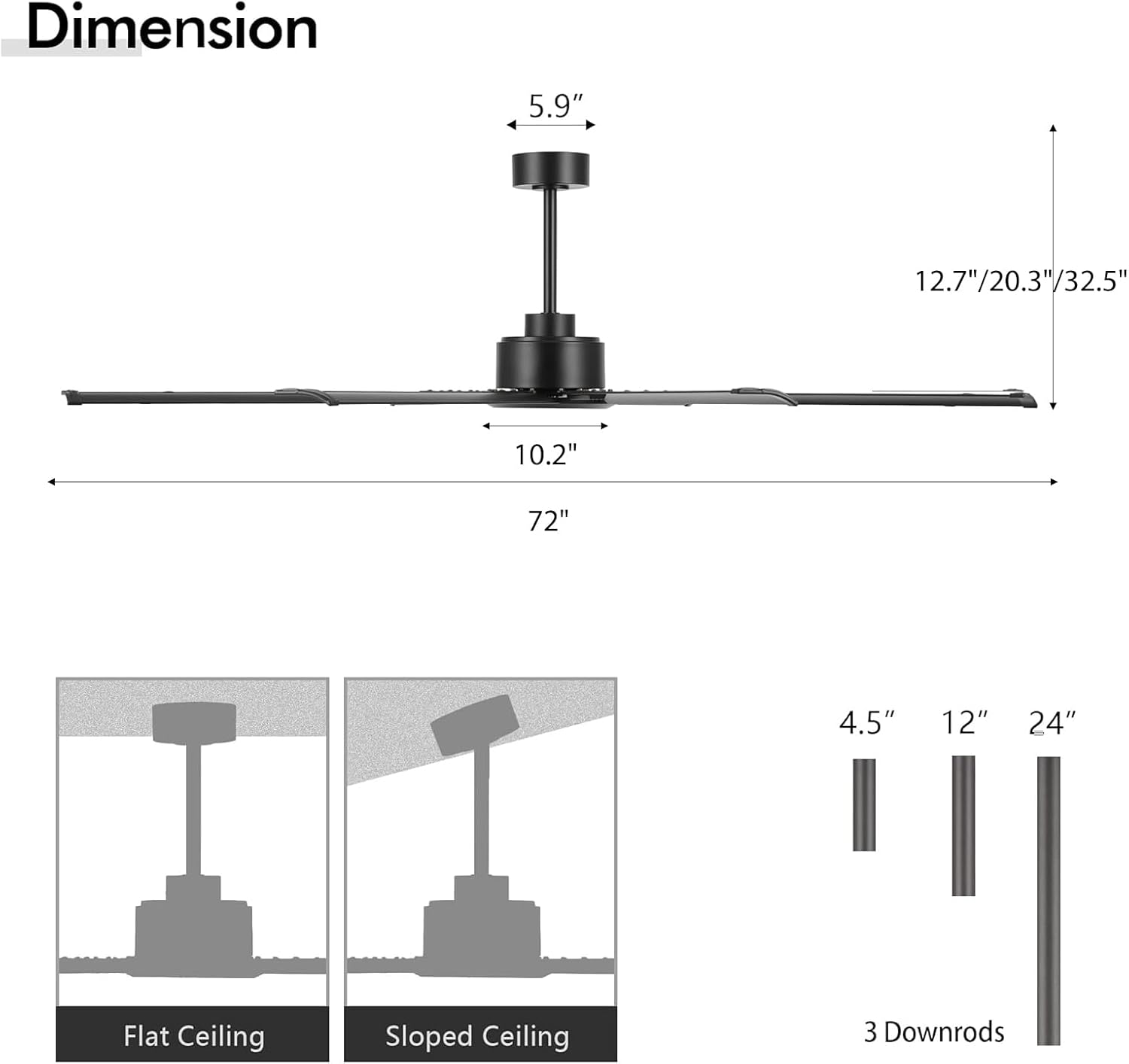 LEDLUX 72' Ceiling Fan No Light, Reversible DC Motor, 6 Speed Remote Control, Industrial 8 Aluminum Blades with 3 Downrods for Home or Commercial, Living Room/Warehouse Black