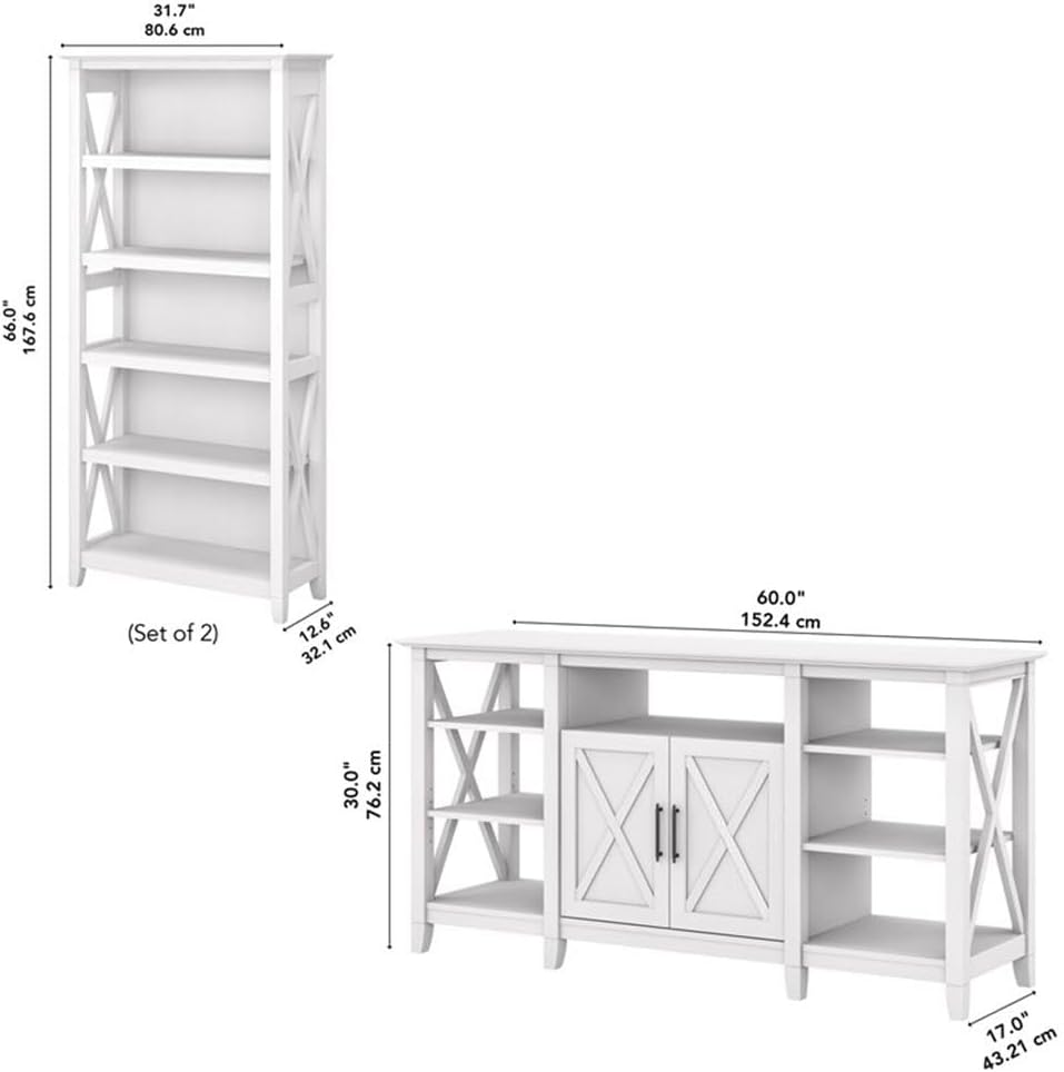 Bush Home Key West Tall TV Stand with Set of 2 Bookcases in Pure White Oak, Farmhouse Entertainment Center for 65 Inch Television
