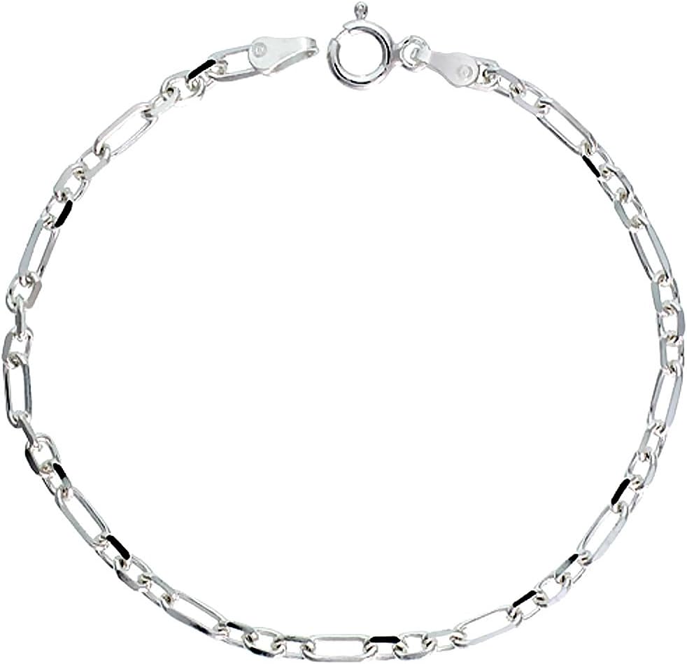 Sterling Silver Figaro Cable Link Chain Necklaces & Bracelets 3mm Beveled Nickel Free. Sizes 7-30 inch