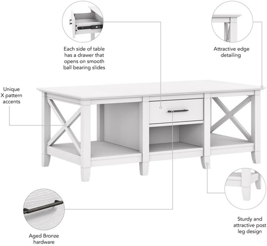 Bush Home Key West Coffee Table with Storage in Pure White Oak