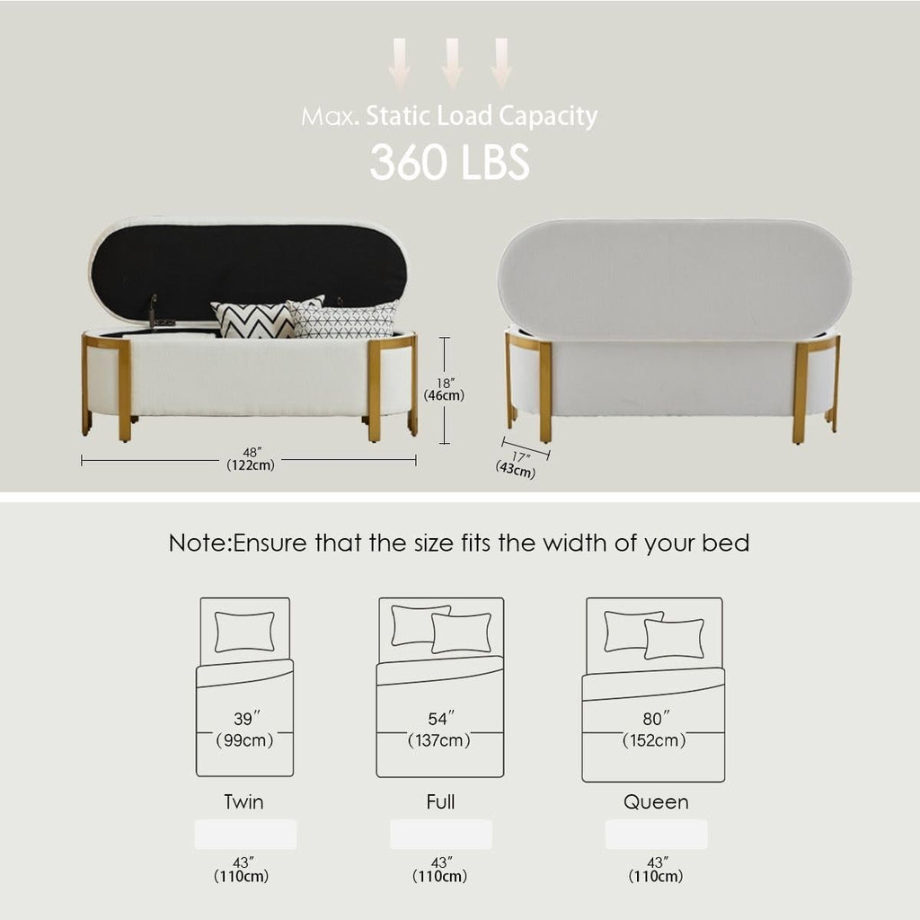 Hyfirm 48' Storage Ottoman Bench – White Chenille Upholstered Footrest with Gold Legs, Long Oval Padded Stool for Bedroom, End of Bed, Living Room, Entryway, Hallway