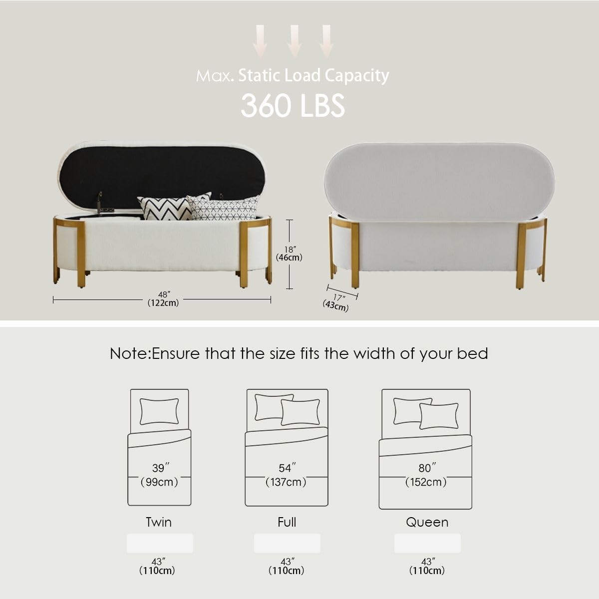 Hyfirm 48' Storage Ottoman Bench – White Chenille Upholstered Footrest with Gold Legs, Long Oval Padded Stool for Bedroom, End of Bed, Living Room, Entryway, Hallway