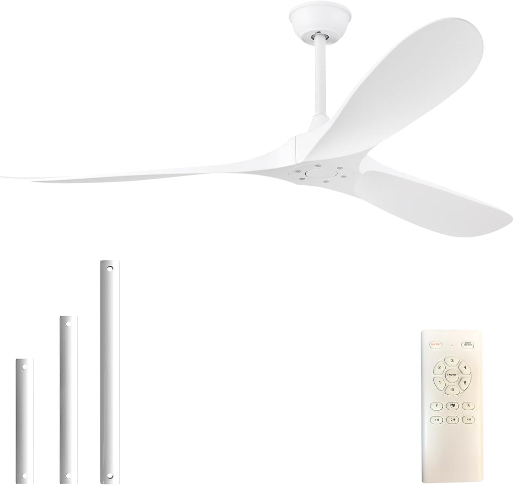 60'' Ceiling Fan No Light with Remote Control,Outdoor Ceiling Fan with DC Reversible and Silent Motor,3 Plastic Blades,Modern White Fan for Patios,Living Room,Bedroom