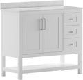 Flash Furniture Vega 42 Inch Bathroom Vanity with Sink, Storage Cabinet with Soft Close Doors, Open Shelf and 3 Drawers, Carrara Marble Finish Countertop, White/White