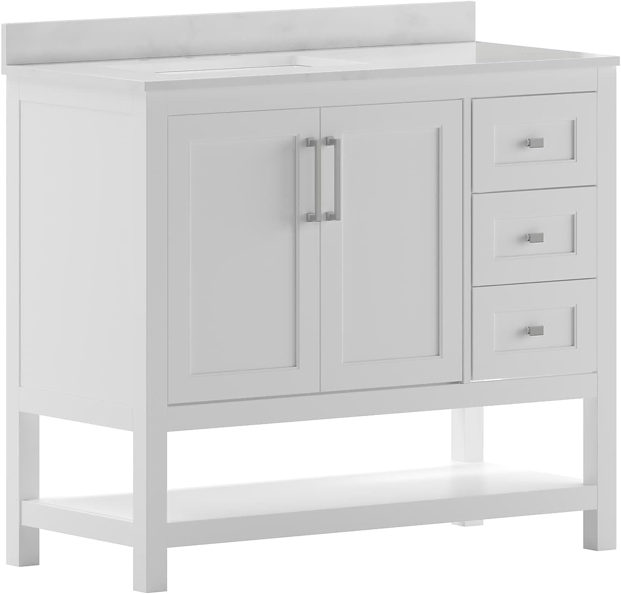 Flash Furniture Vega 42 Inch Bathroom Vanity with Sink, Storage Cabinet with Soft Close Doors, Open Shelf and 3 Drawers, Carrara Marble Finish Countertop, White/White