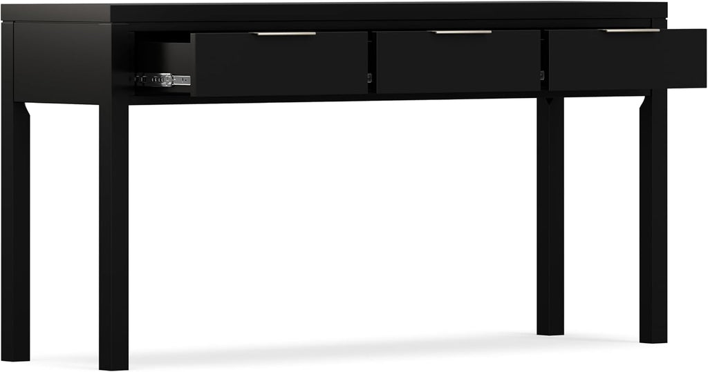 SIMPLIHOME Hollander Console Table - 60 Inch Wide Solid Wood Sofa Table in Black, Contemporary Storage Table for Entryway or Living Room with 3 Drawers and Sleek Metal Hardware