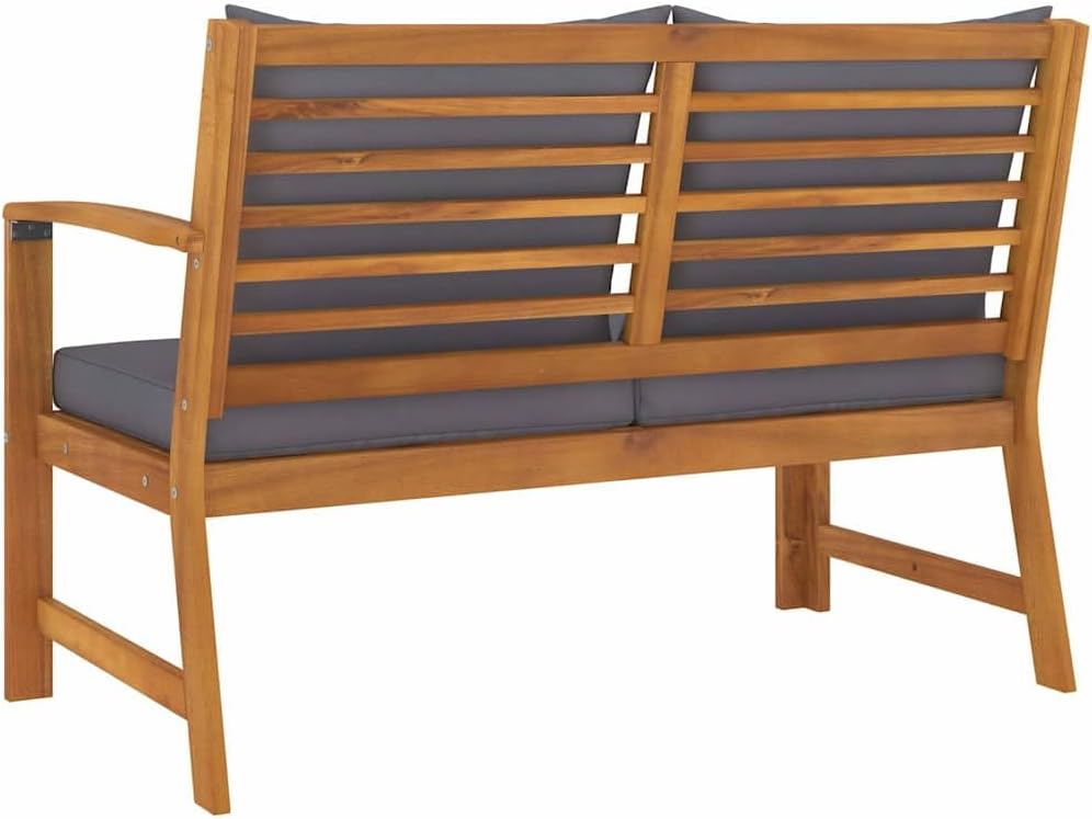 Wooden 2-Seater Patio Bench with Dark Gray Cushion, Outdoor Solid Acacia Wood 2-Seater Sofa Seat for Garden, Deck, Backyard,-715