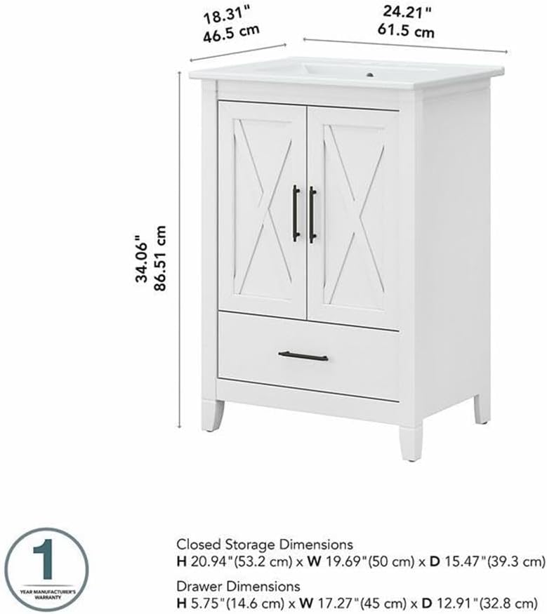 Bush Home Key West 24W Bathroom Vanity with Sink in White Ash | Bath Room Ceramic and Wood Storage Solution for Powder Room