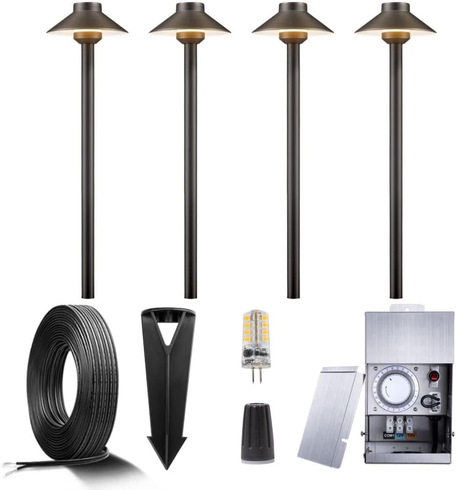 Gardenreet Brass Landscape Lighting Kit (4 Pack LED Path Lights) with 75W Low Voltage Transformer and 100 Feet Cable and 20 Pack Wire Connectors for Outdoor Garden Patio Walkway