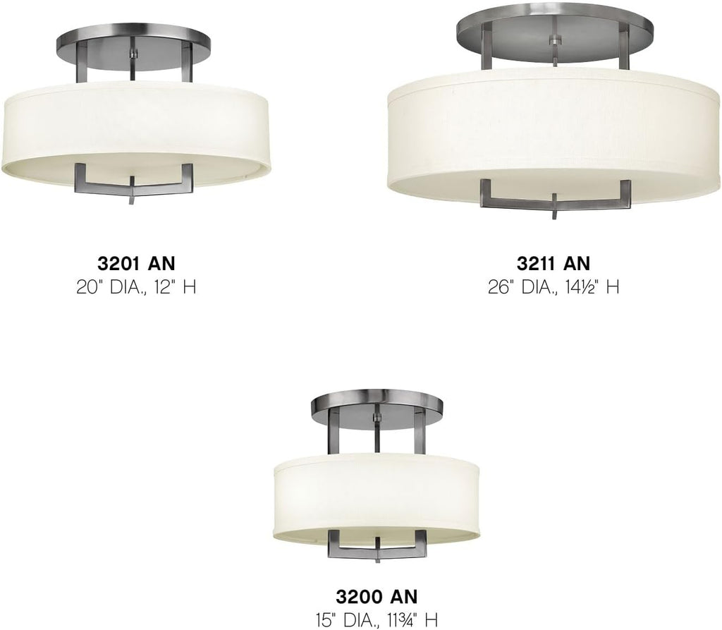 Hinkley Hampton Semi-Flush Three Light 15-in Dia. Ceiling Mount, Off-White Linen Drum Shade, Acrylic Diffuser, Antique Nickel Finish